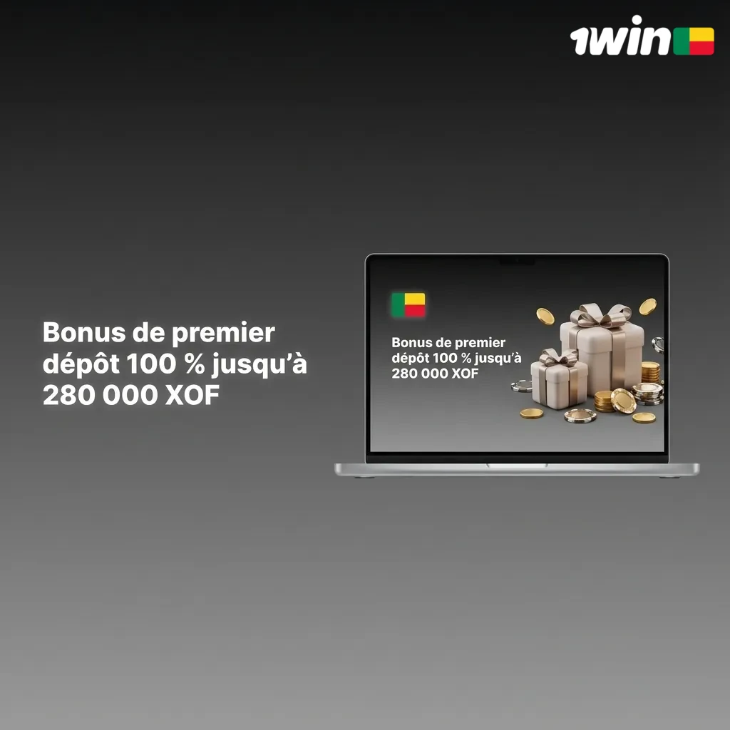 Bannière 1win Bénin annonçant bonus de premier dépôt 100 % jusqu’à 280 000 XOF pour paris sportifs et casino en ligne