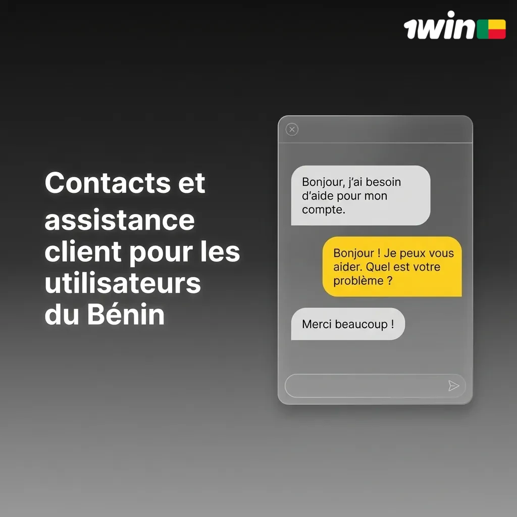 Interface 1win avec icônes de chat, e-mail, formulaire et mobile pour assistance client 24/7 au Bénin