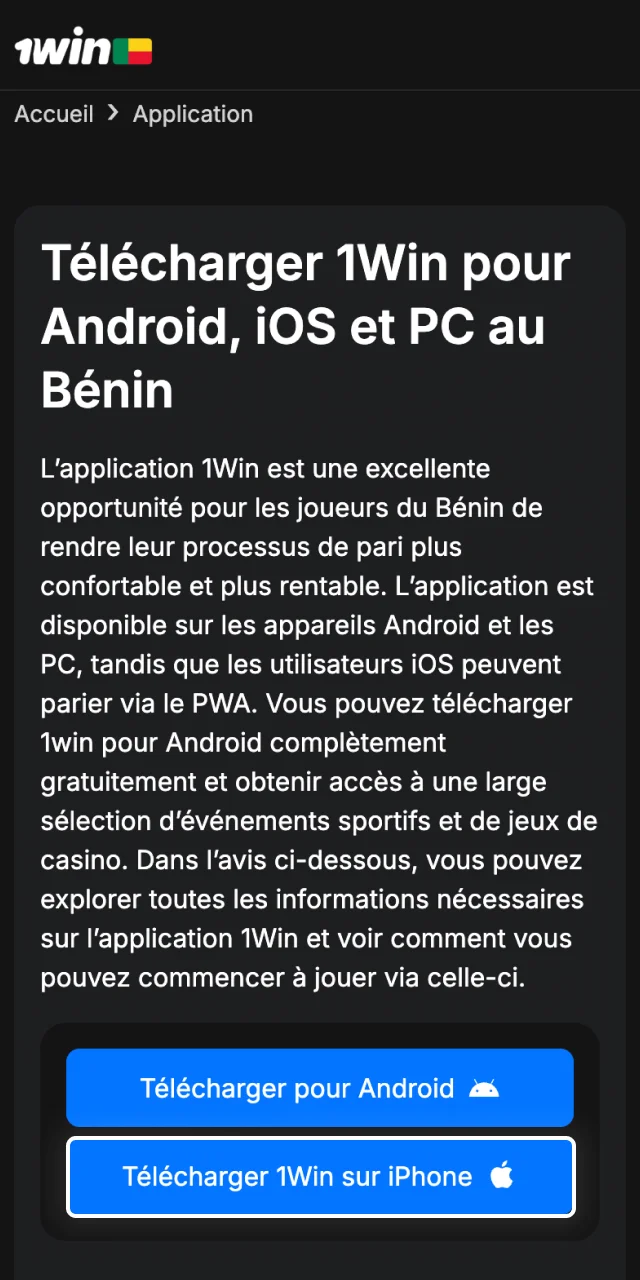 Cliquez sur le bouton Télécharger 1Win pour iPhone sur notre plateforme et commencez l'installation de 1Win sur votre iPhone.