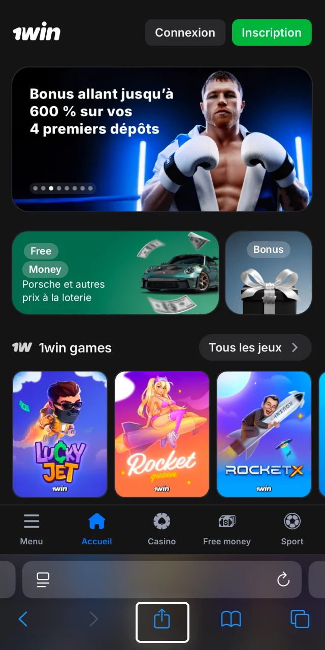 Cliquez sur le bouton de partage pour commencer à utiliser l'application 1win sur votre iPhone.