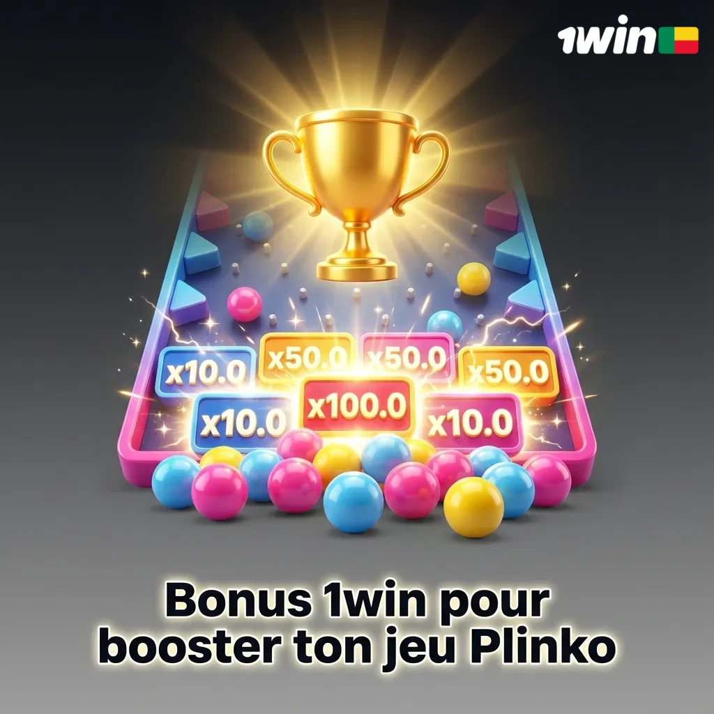 Bannière 1win Plinko avec texte bonus de bienvenue 100% jusqu’à 280 000 XOF pour nouveaux joueurs au Bénin