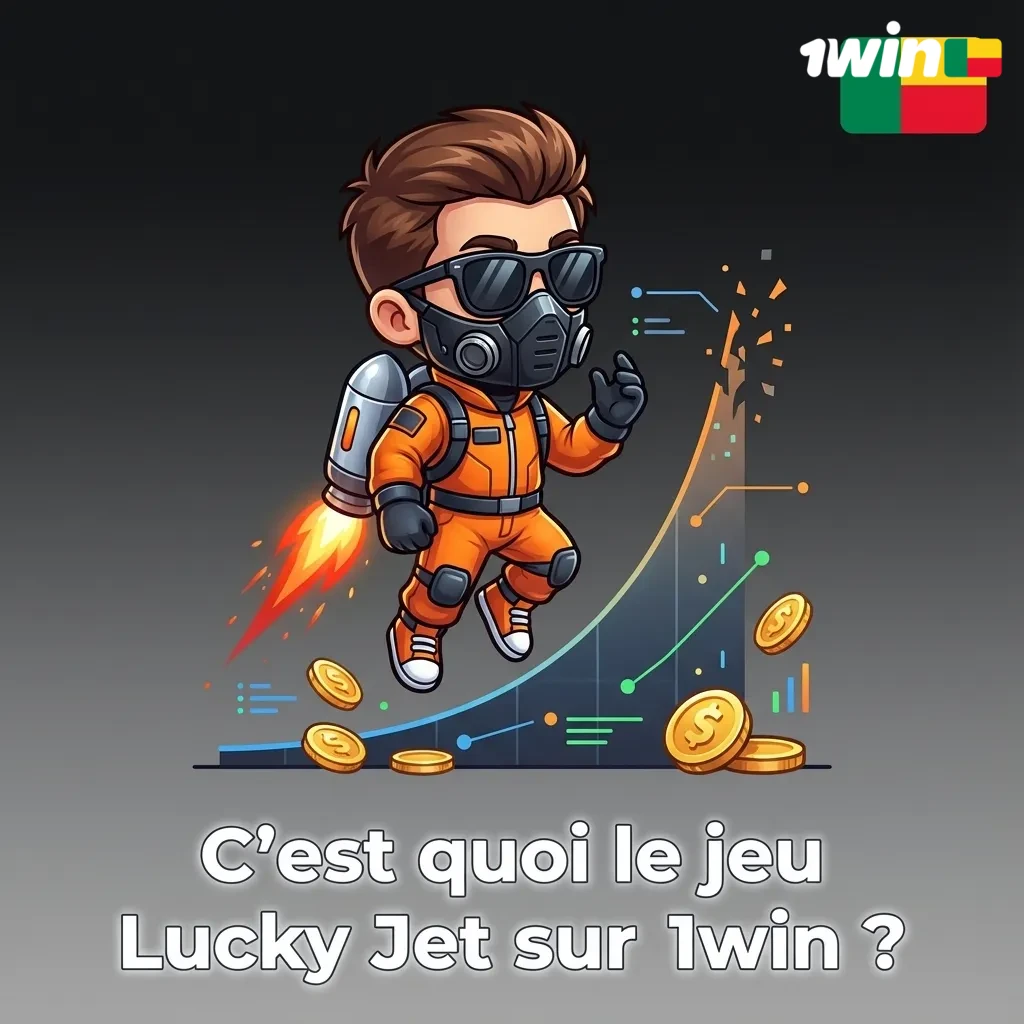 Illustration de Lucky Jet sur 1win : personnage avec jetpack, multiplicateur croissant et bouton pour encaisser avant le crash