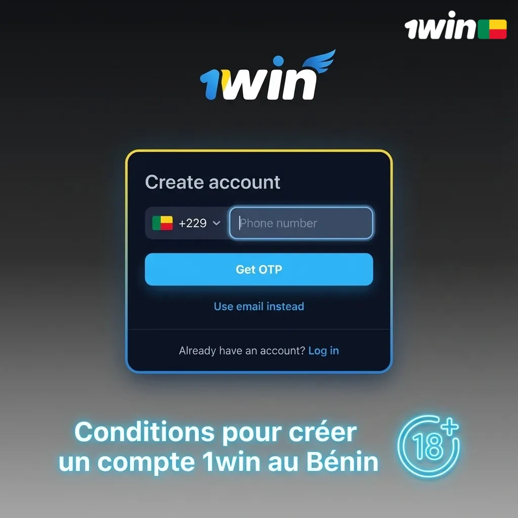 Illustration des conditions pour créer un compte 1win au Bénin, avec icônes d’âge, identité, documents et compte unique