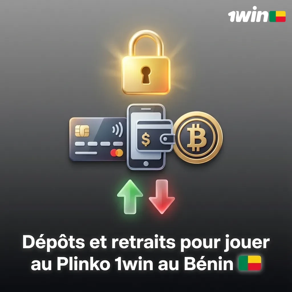 Interface 1win Plinko Bénin montrant dépôts et retraits via mobile money, cartes bancaires et cryptomonnaies