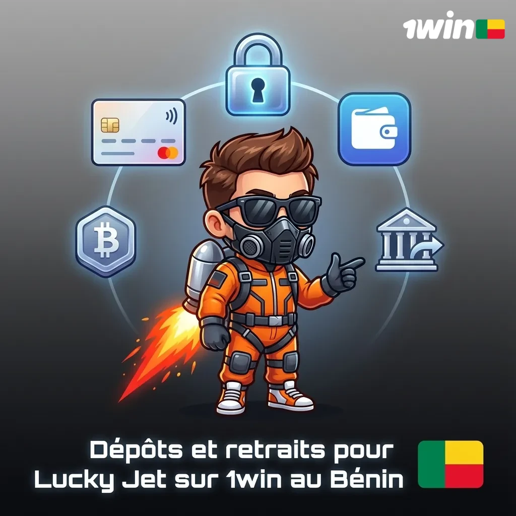 Interface 1win Lucky Jet Bénin montrant options de dépôt : Wave, Moov Money, MTN, Orange, cartes Visa/Mastercard, crypto.