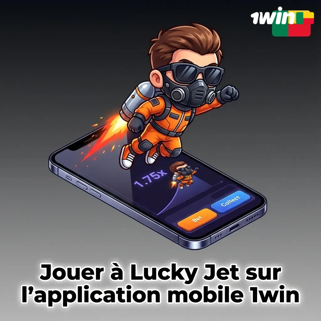 Smartphone affichant le jeu Lucky Jet sur l’app mobile 1win, avec gros boutons et multiplicateur bien visible.