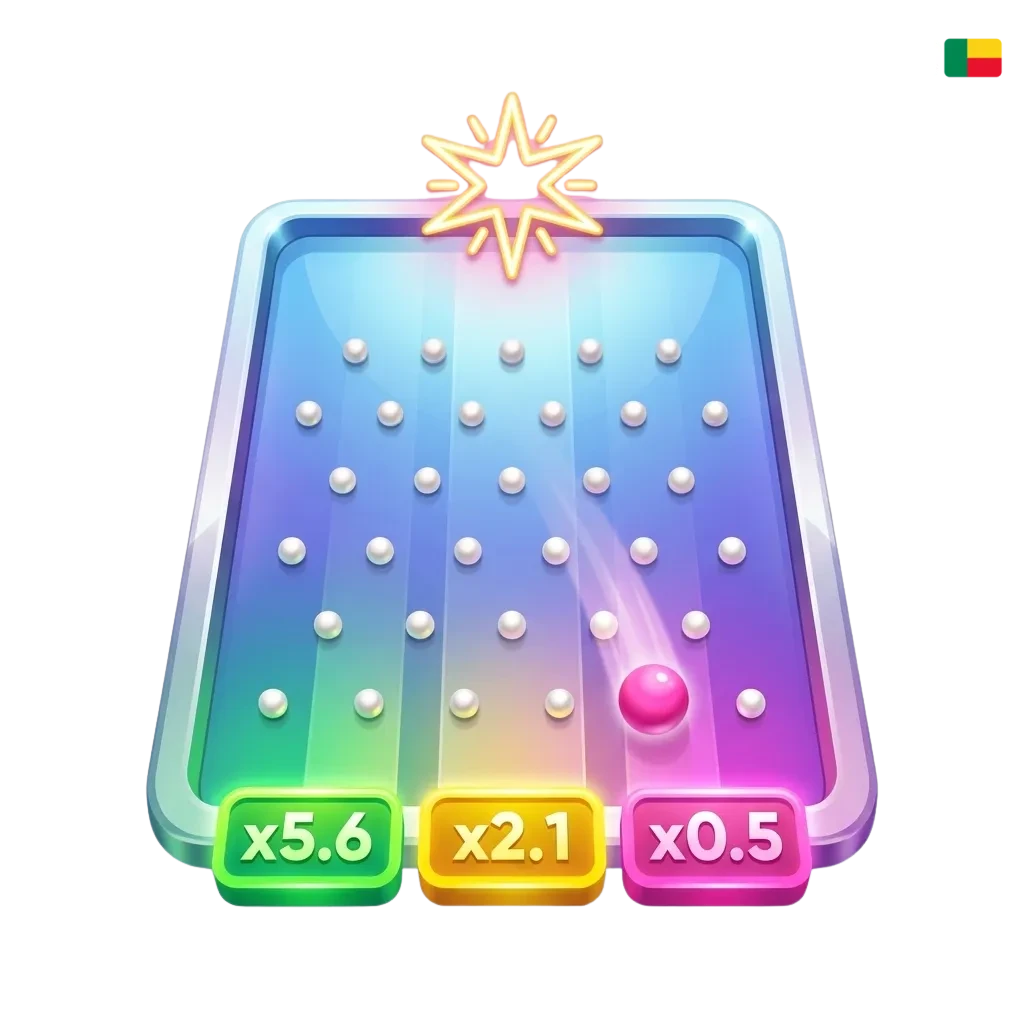 Écran du jeu Plinko sur 1win, bille tombant sur une grille de chevilles, interface en français pour joueurs du Bénin