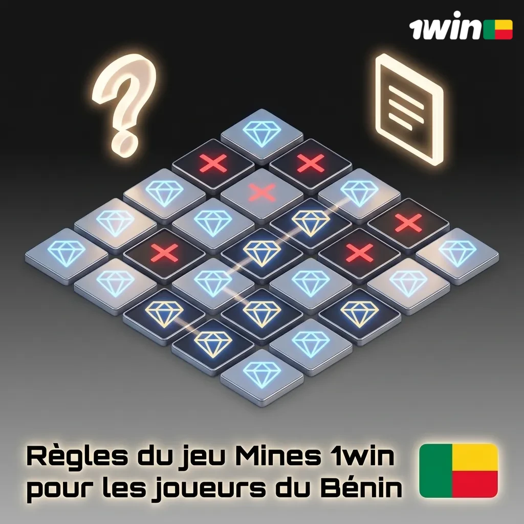 Interface du jeu Mines 1win : grille de cases, mines cachées, gemmes brillantes et panneau des mises en XOF