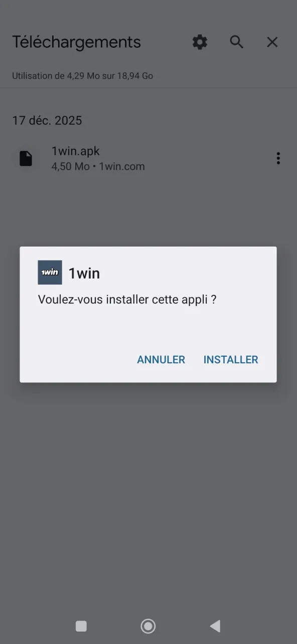Lancez l’installation APK 1win sur votre mobile Android.