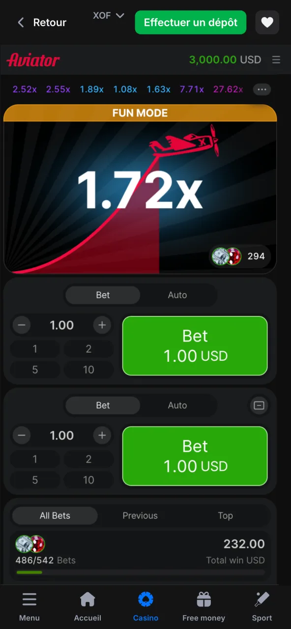 Connexion rapide et lancement du jeu Aviator 1win.