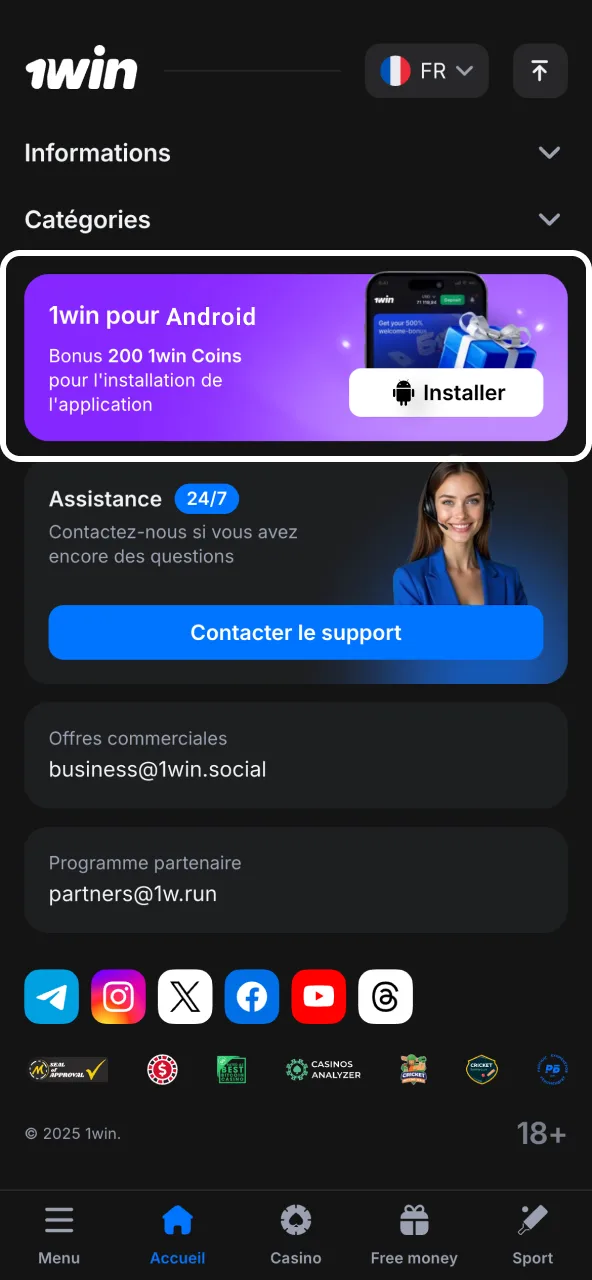 1win APK disponible via bouton de téléchargement.