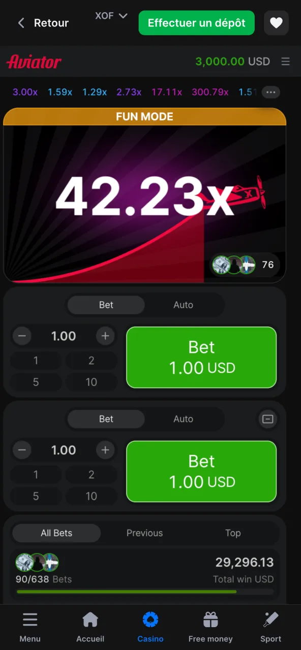Les mises augmentent progressivement dans Aviator 1win.