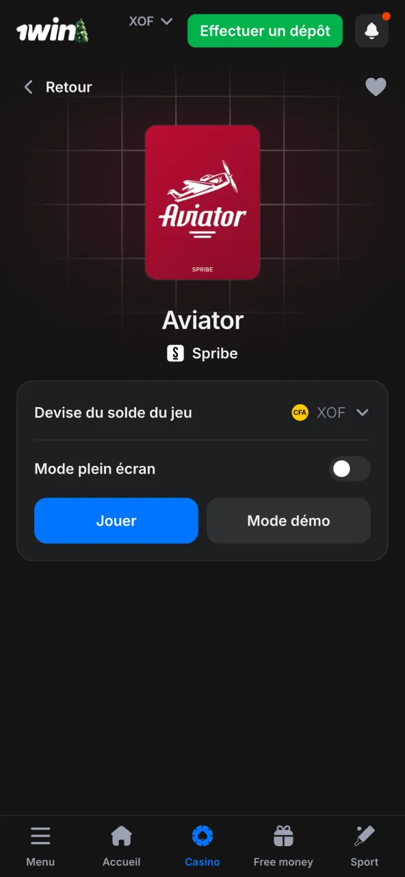 Accès direct au jeu Aviator sur 1win casino.