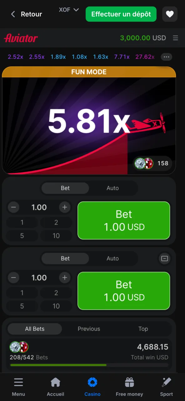 Jouez Aviator sur 1win en misant et encaissant rapidement.