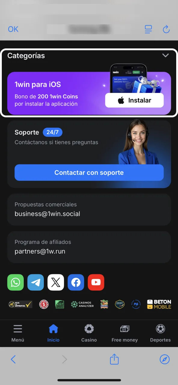 Section application iOS 1win accessible depuis page d’accueil.