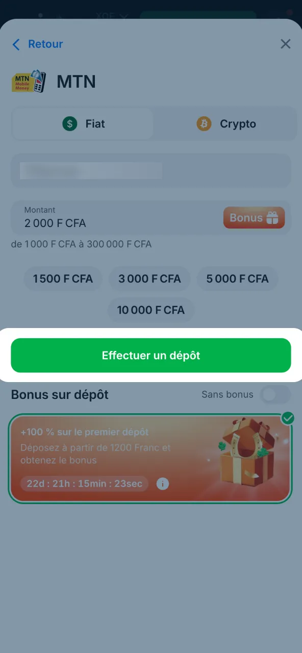 Confirmation transaction et activation du solde bonus 1win.