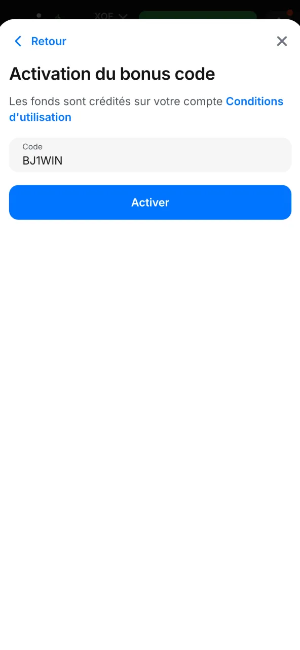 Entrez votre code bonus 1win sans espaces ni erreurs.