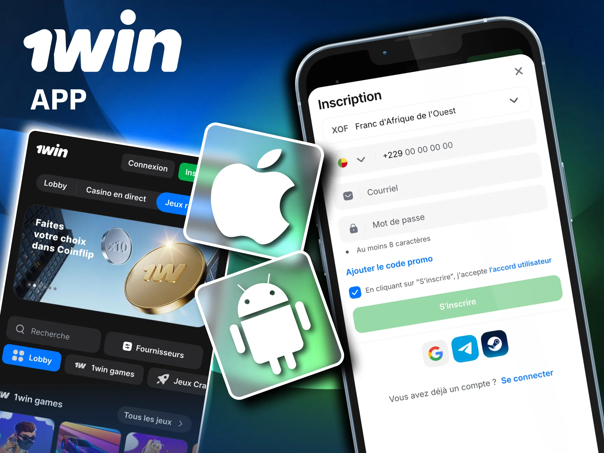 Interface mobile 1win pour inscription et connexion.