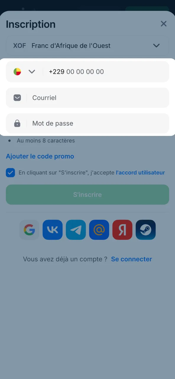 Choisissez téléphone ou email pour créer compte 1win.