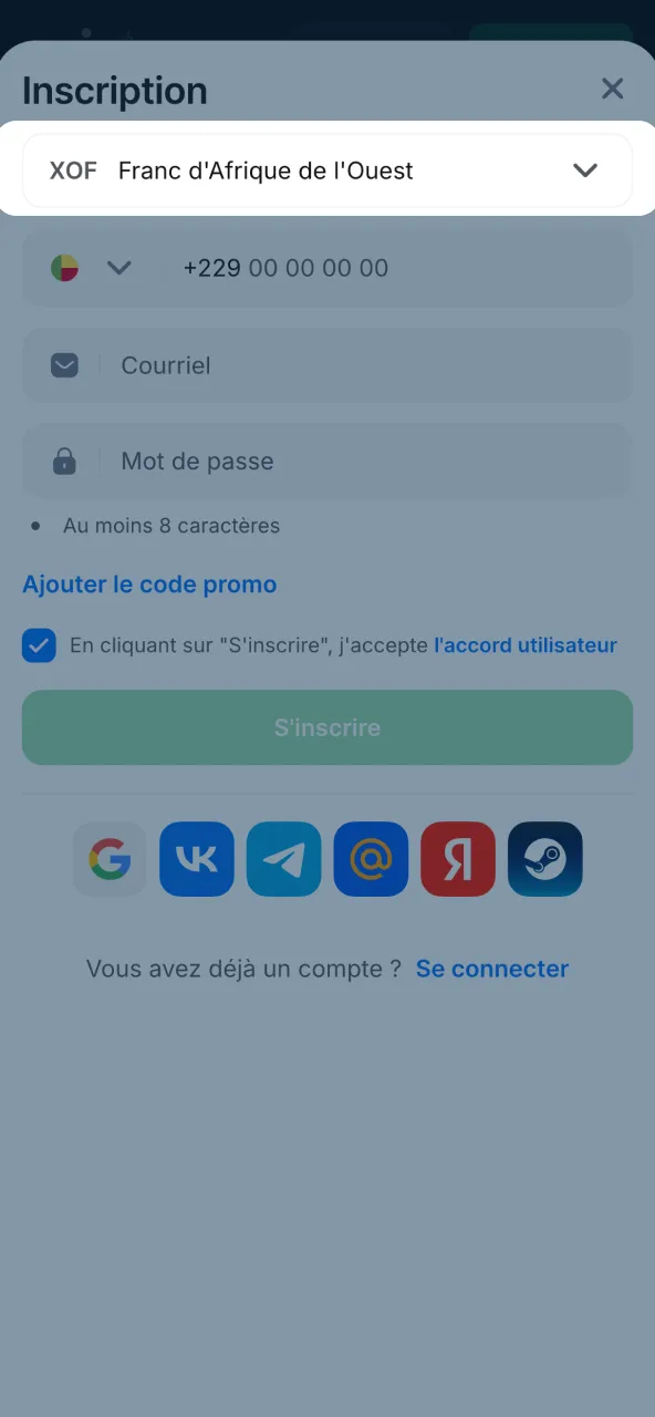 Compte 1win adapté au cadre béninois avec devise choisie.