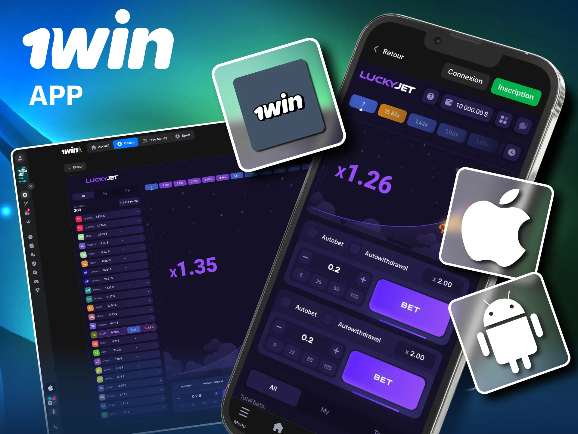 Lucky Jet 1win disponible sur app Android, iOS et PC.