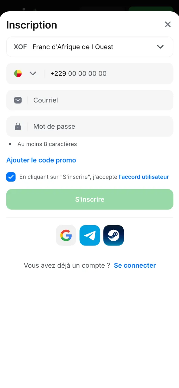 Formulaire d’inscription rapide pour profil 1win.