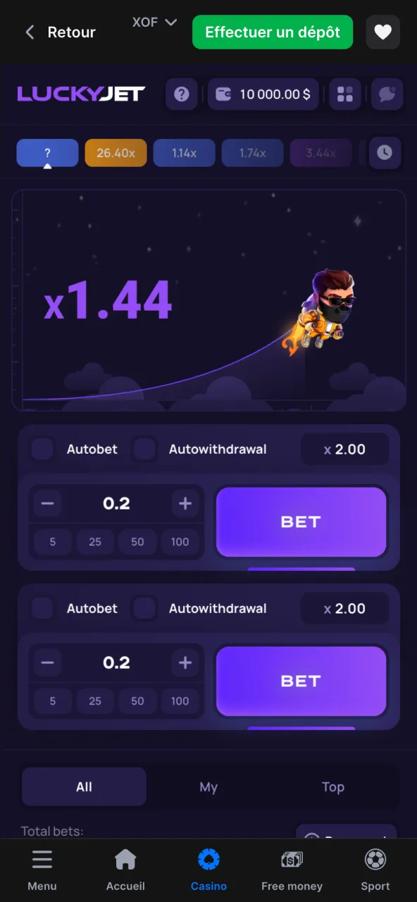 Placez votre mise XOF et encaissez sur 1win Lucky Jet.