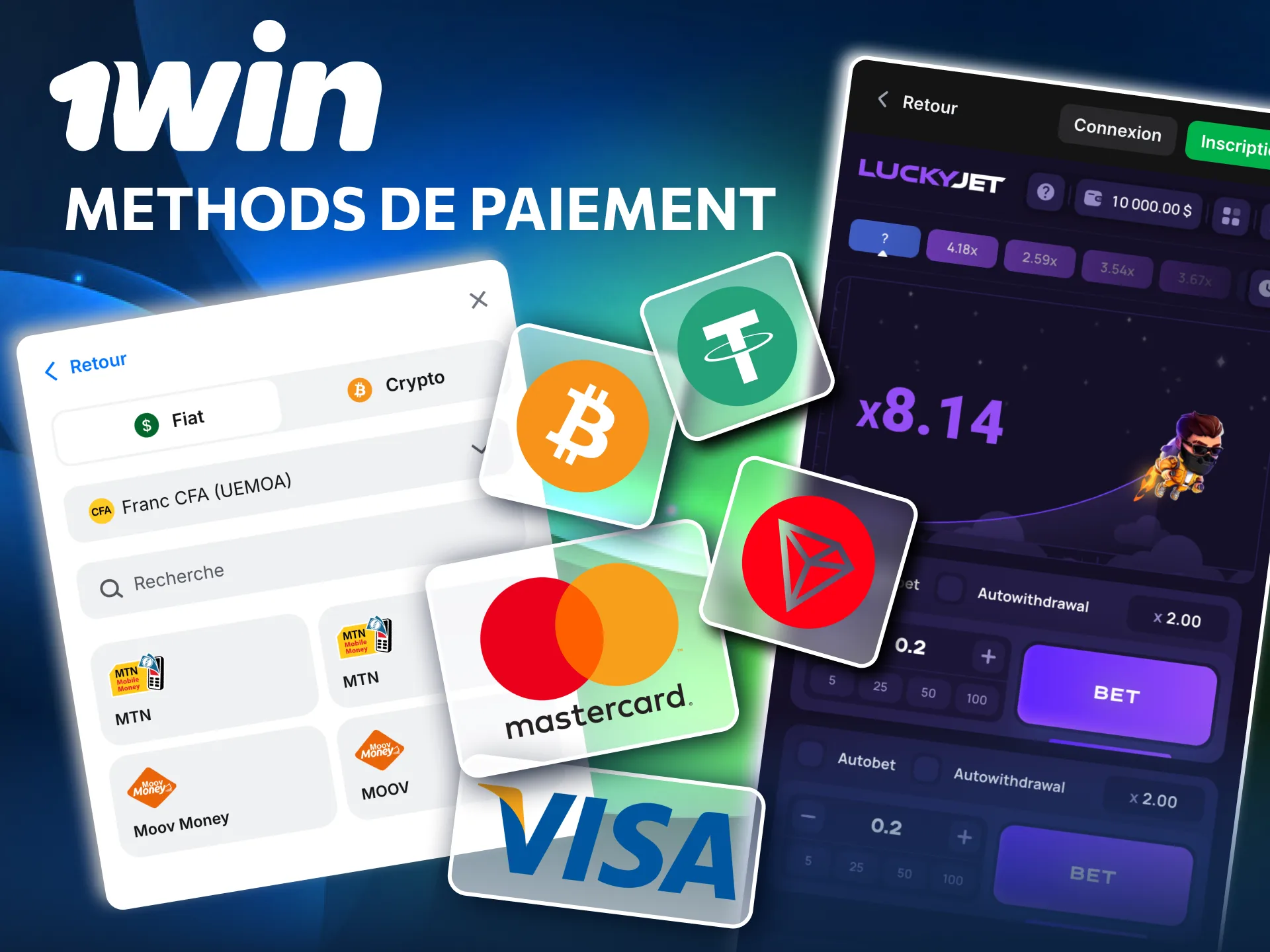 Dépôts Lucky Jet 1win via Mobile Money et cartes.