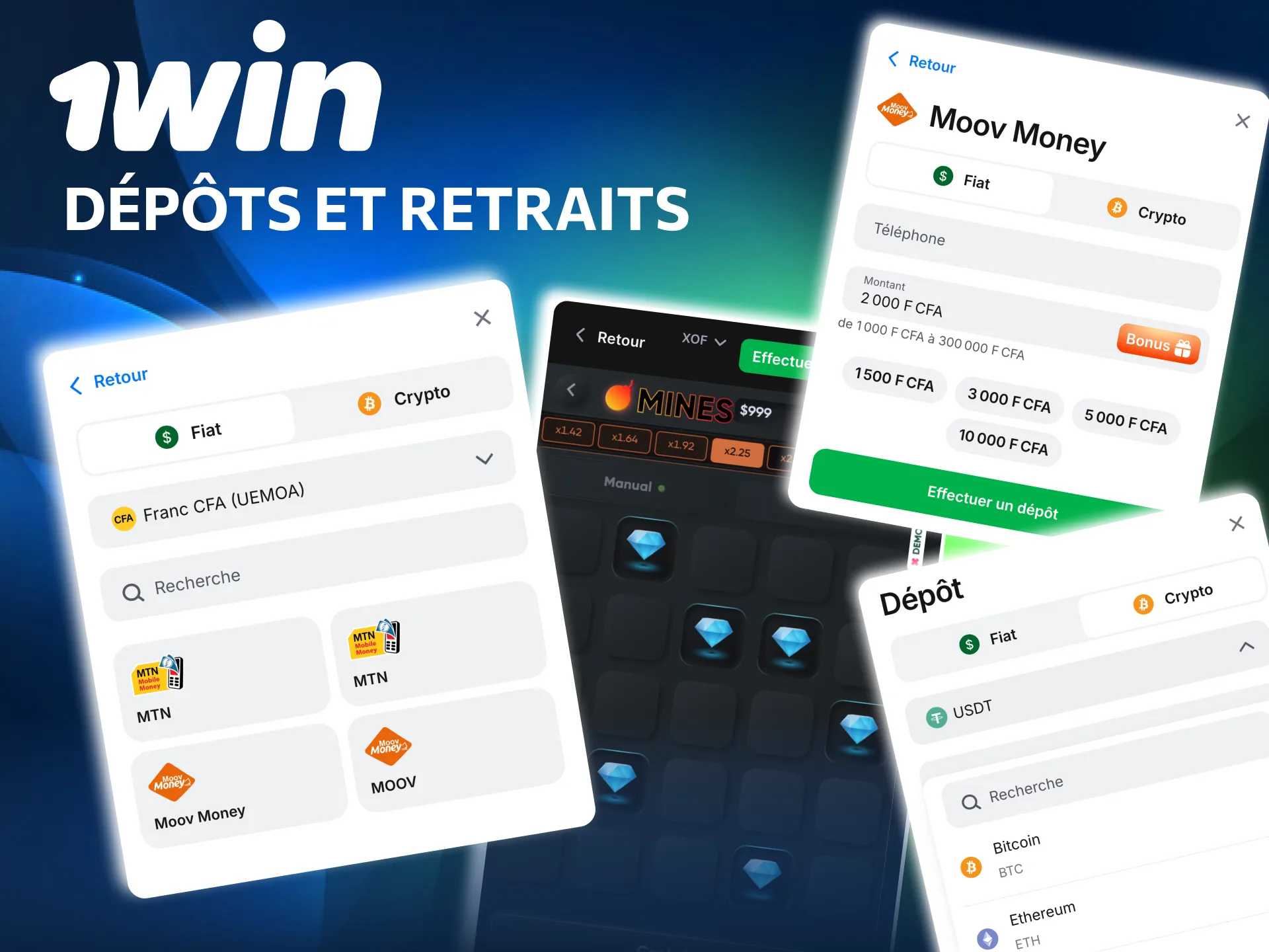 Moyens de paiement Bénin pour jouer Mines 1win.