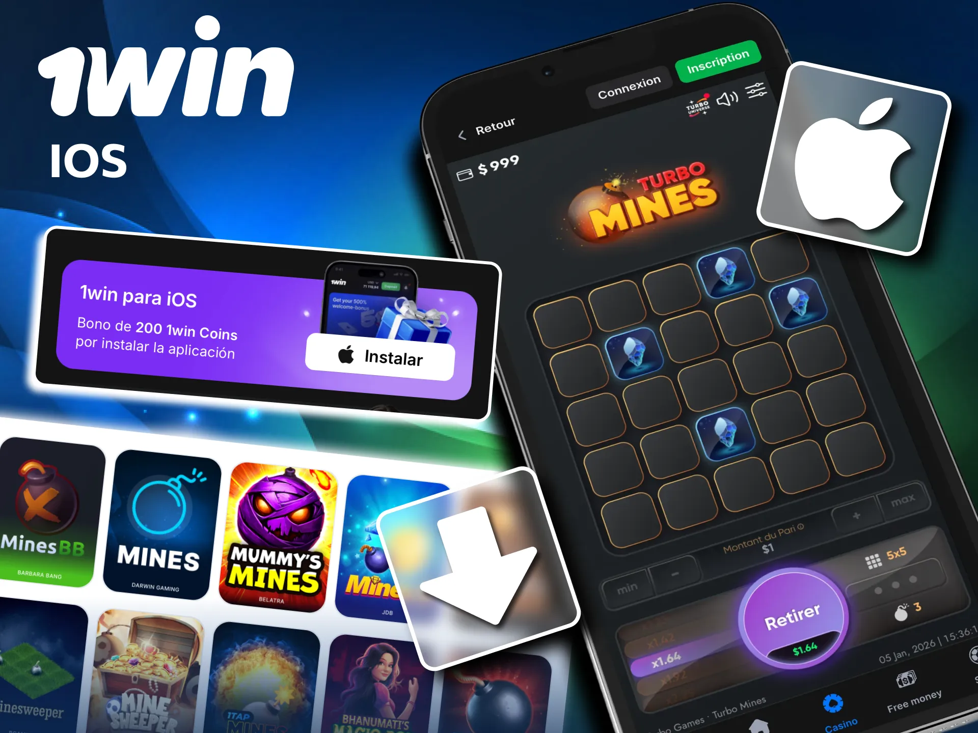 Installez app Mines 1win sur iPhone et iPad.