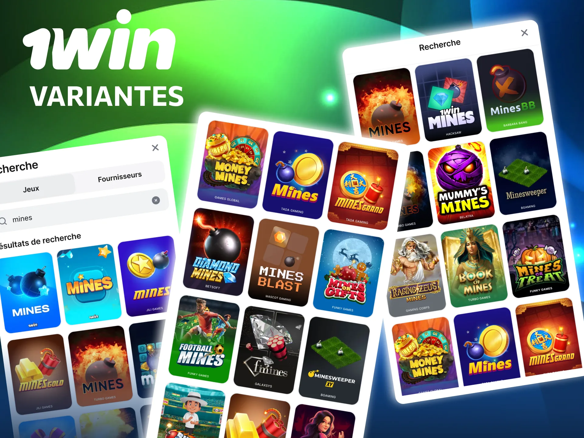 Mines classique, turbo et grande grille sur 1win.