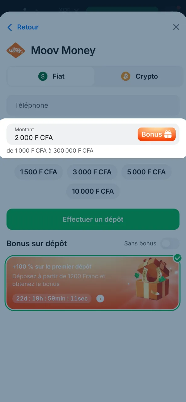 Indiquez montant dépôt dès 1 000 XOF sur 1win.