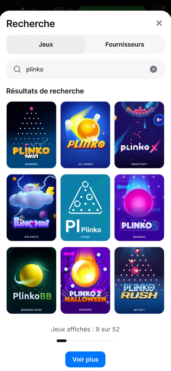 Accédez interface principale du Plinko 1win casino.