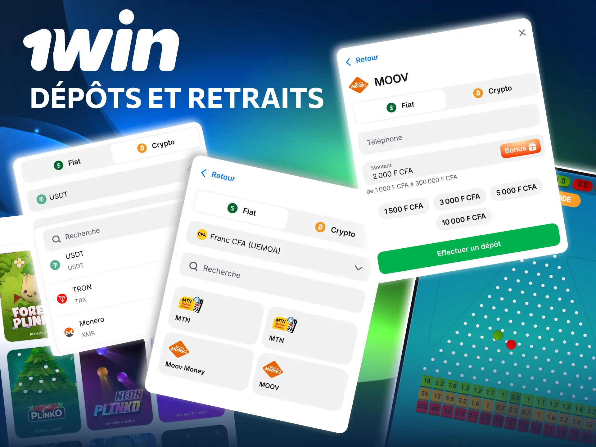 Dépôts rapides et retraits sécurisés Plinko 1win Bénin.