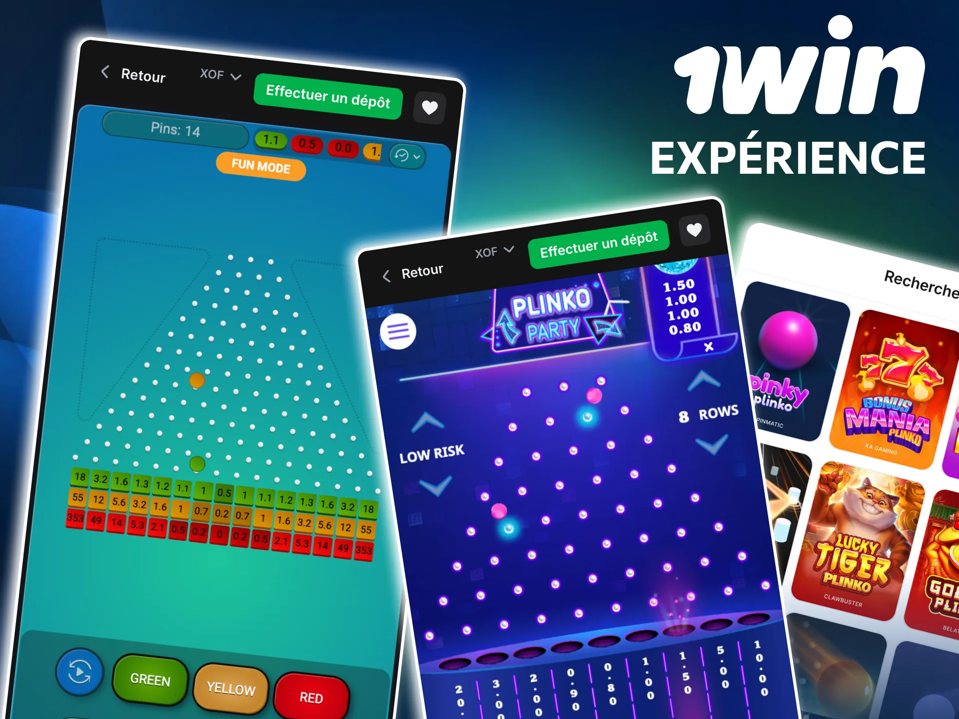 Animations nettes et multiplicateurs clairs sur Plinko 1win.