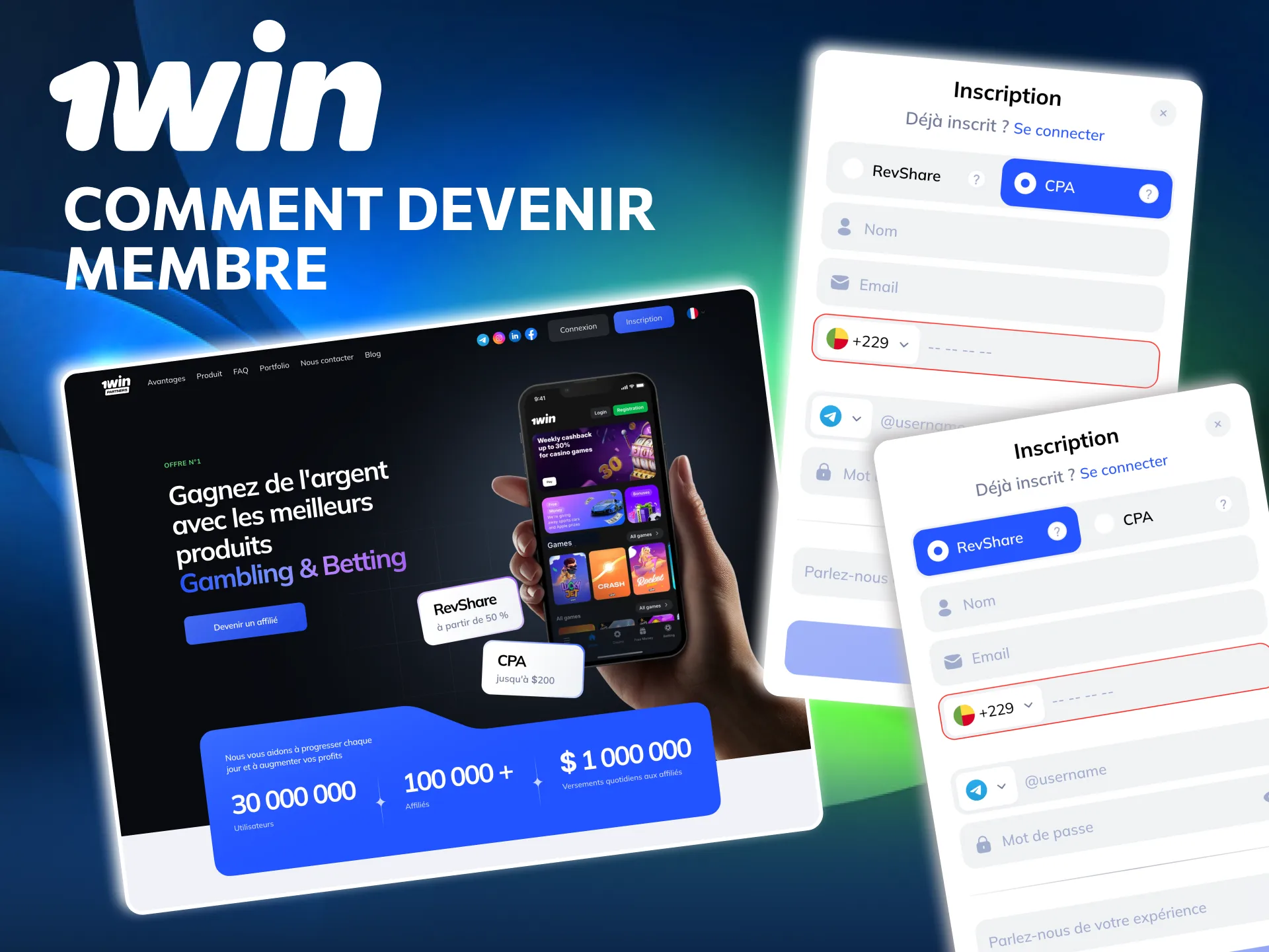 Inscription rapide au programme affilié 1win Bénin.