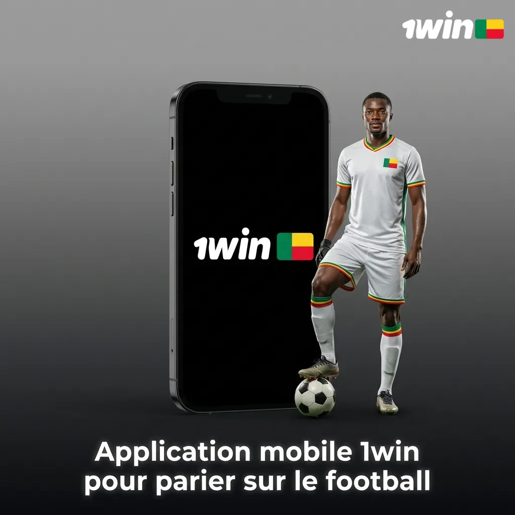 Écran de smartphone affichant l’appli 1win avec des paris de football en ligne, tenue dans une main au Bénin