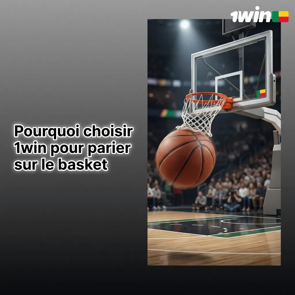 Bannière 1win paris basket, avec joueur en action et texte sur ligues variées, cotes en direct et paris mobiles