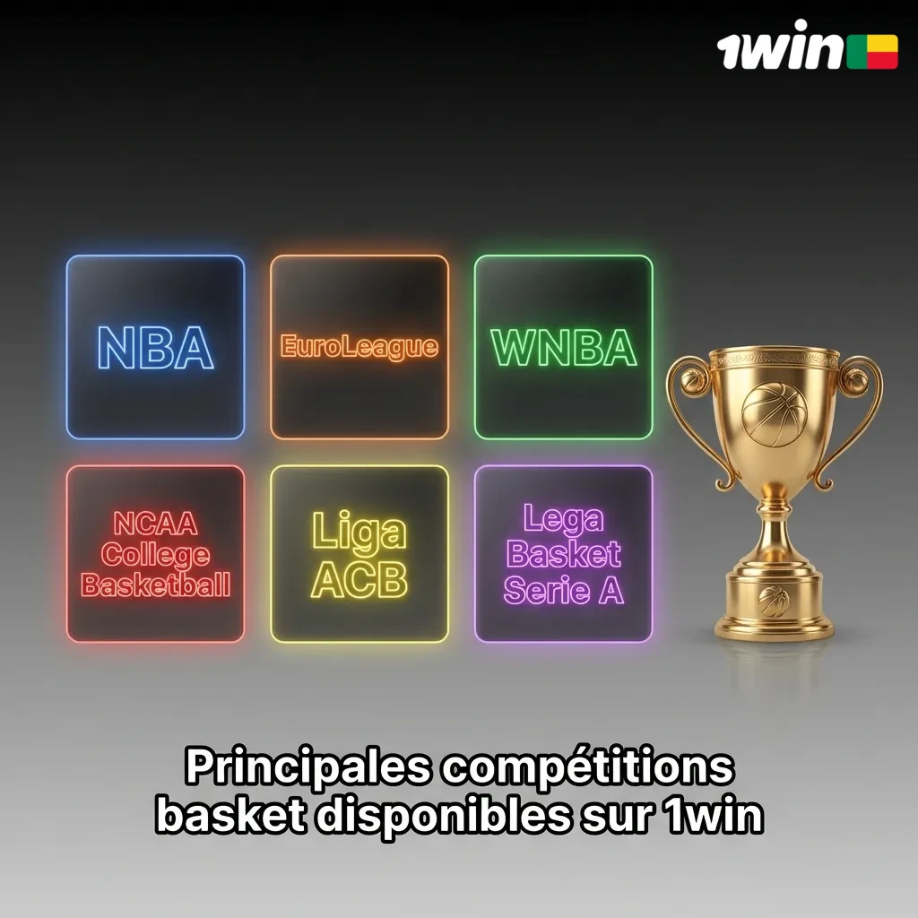 Page 1win présentant les principales compétitions de basket pour les paris, dont NBA, EuroLeague, FIBA et ligues africaines